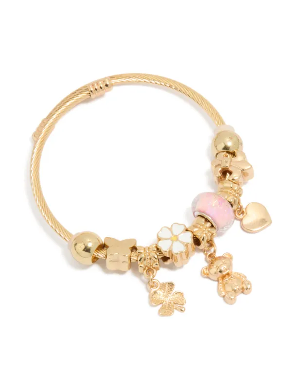Gold Bear & Clover Charm Bracelet made by lovisa