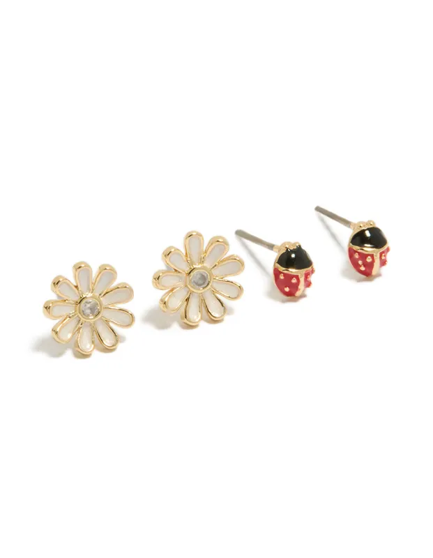 Gold Plated Enamel Ladybug & Flower Earrings 2-Pack made by lovisa