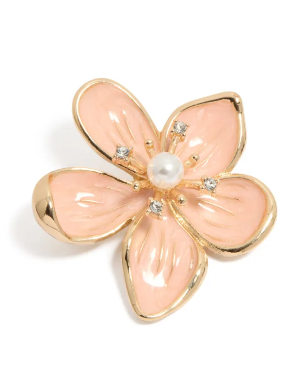 Gold Pink Enamel Pearl Centre Flower Brooch made by lovisa
