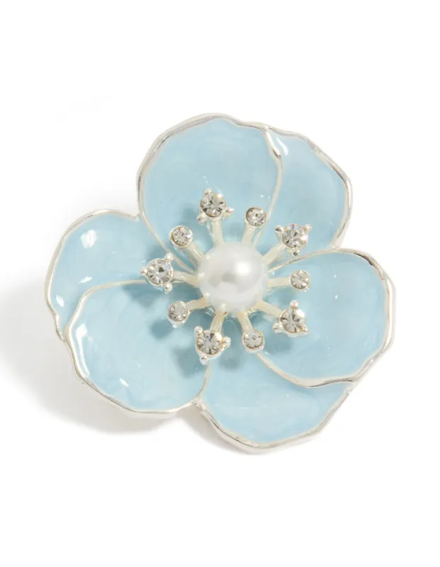 Silver Blue Enamel Flower Pearl Brooch made by lovisa