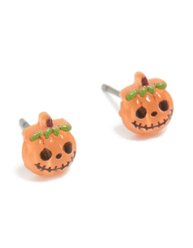 Orange Acrylic Pumpkin Skull Face Stud Earrings made by lovisa