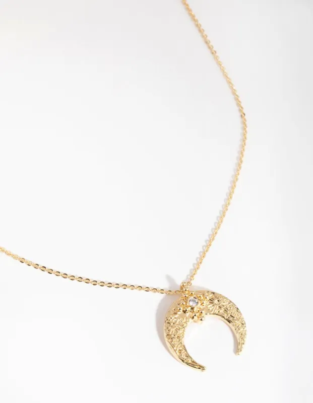 18ct Gold Plated Cubic Zirconia Textured Crescent Moon Necklace sold by lovisa