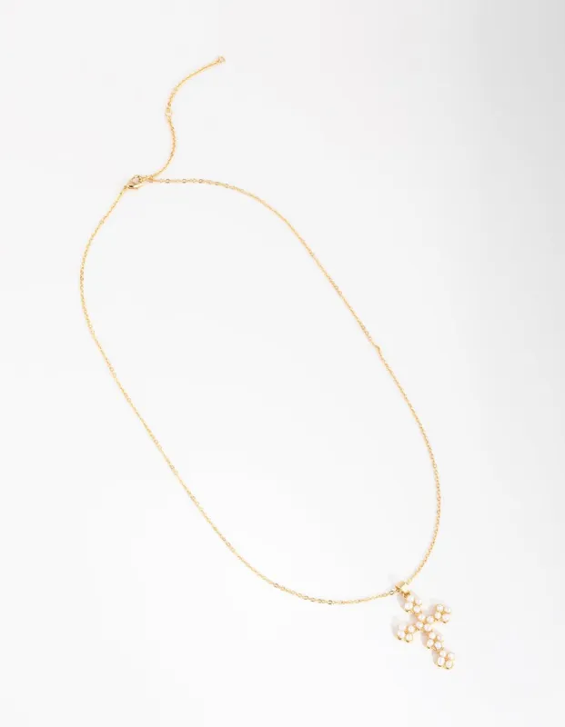 18ct Gold Plated Freshwater Pearl Cross Necklace sold by lovisa