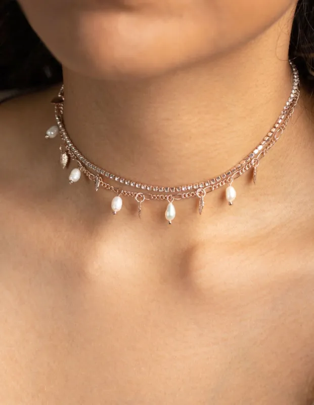 Rose Gold Pearl & Leaf Choker Pack sold by lovisa