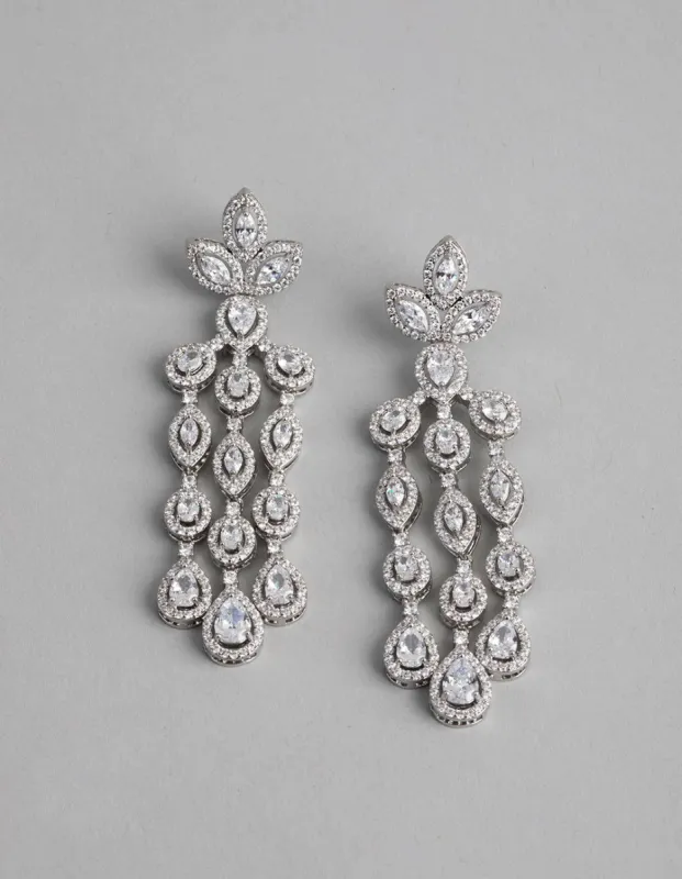 Rhodium Cubic Zirconia Triple Strand Drop Earrings sold by lovisa
