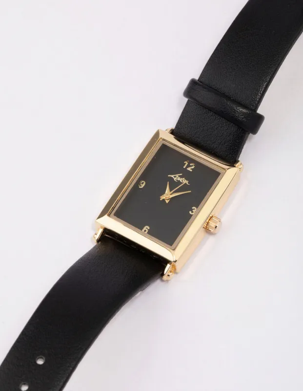 Gold & Black Faux Leather Rectangular Watch sold by lovisa