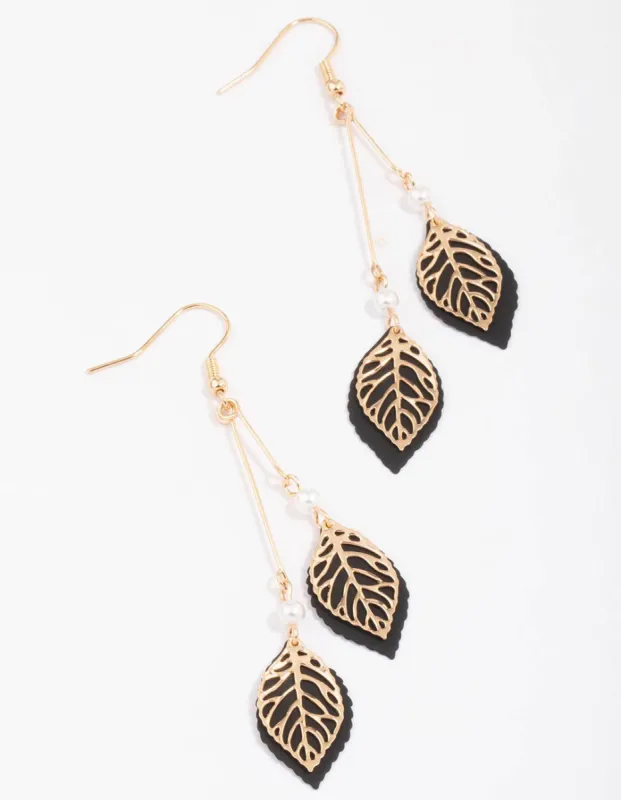 Gold & Black Filigree Diamante Leaf Drop Earrings sold by lovisa