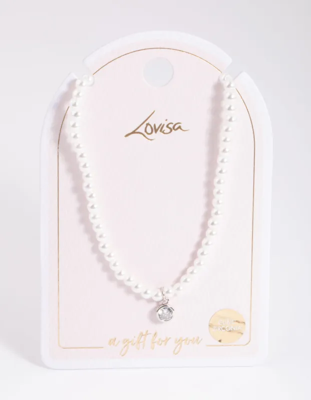 Rhodium Classic Pearl & Diamante Necklace sold by lovisa