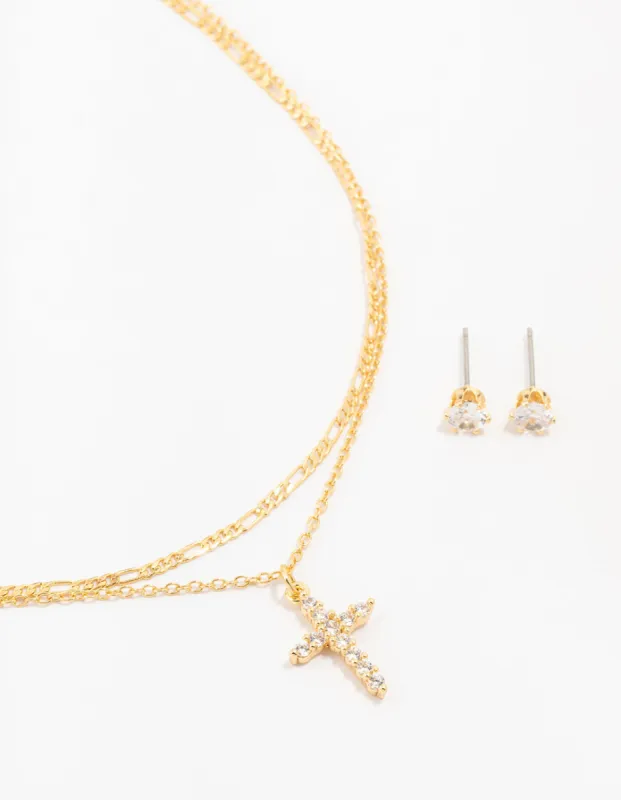 Gold Plated Cubic Zirconia Stud & Cross Necklace Set sold by lovisa