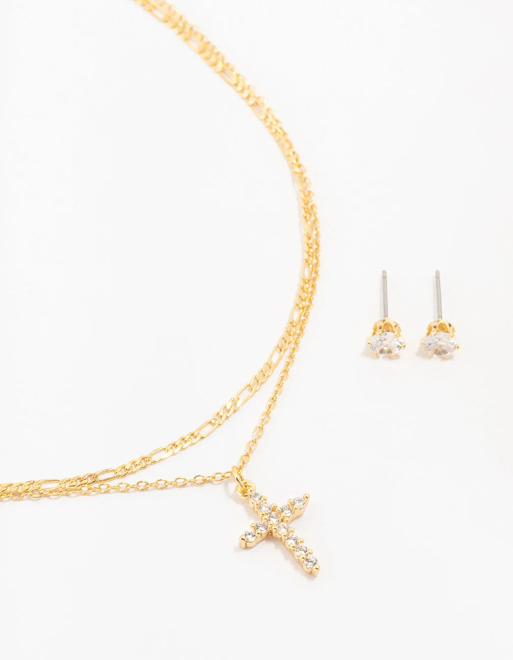 Gold Plated Cubic Zirconia Stud & Cross Necklace Set sold by lovisa