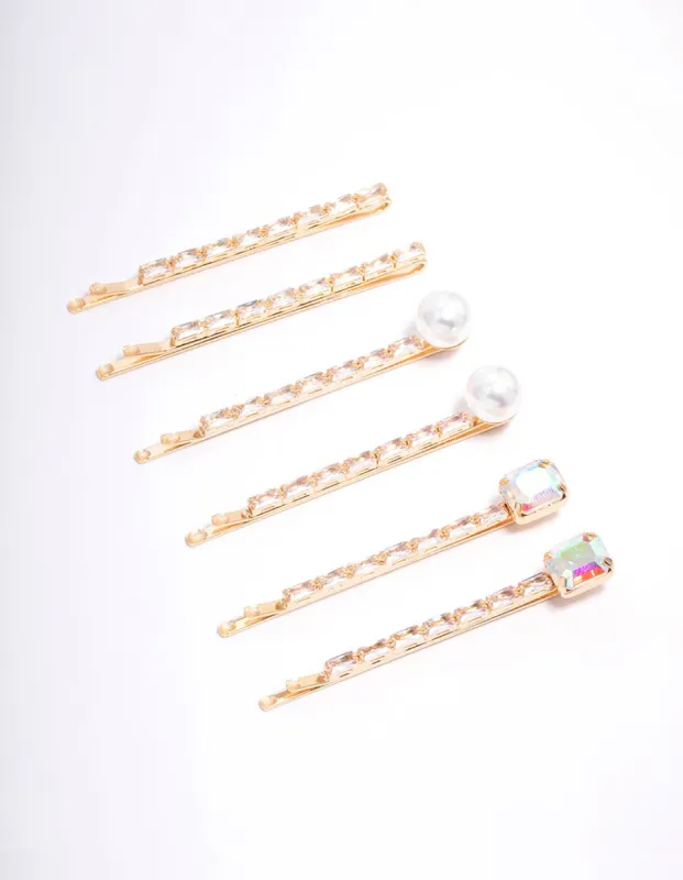 Gold Cubic Zirconia Baguette Pearl Hair Clip sold by lovisa