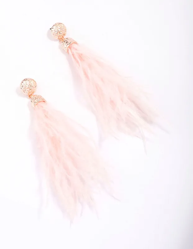 Rose Gold Textured Feather Drop Earrings sold by lovisa