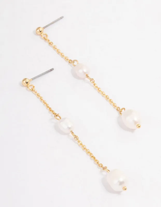 Gold Plated Long Chain Freshwater Pearl Stud Earrings sold by lovisa