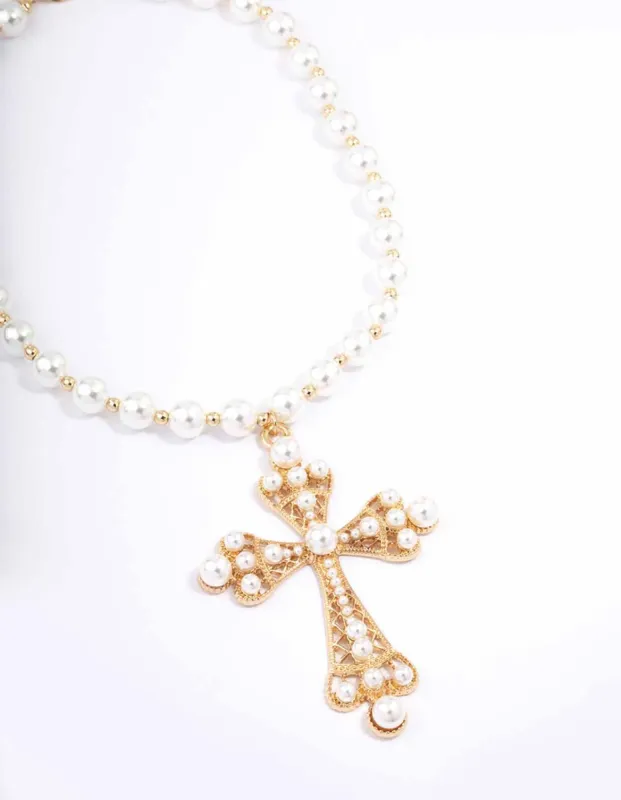 Gold Pearl Large Cross Pendant Necklace sold by lovisa
