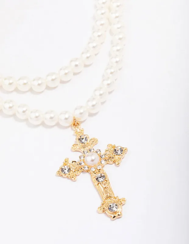Gold Pearl Cross Multi Row Layered Necklace sold by lovisa