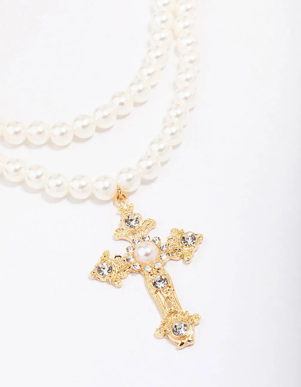 Gold Pearl Cross Multi Row Layered Necklace sold by lovisa