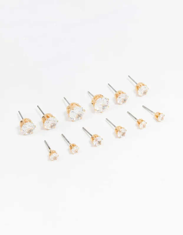 Classic Gold Round Cubic Zirconia Earrings 6-Pack sold by lovisa