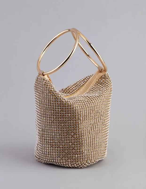 Gold Diamante Circular Handle Clutch sold by lovisa