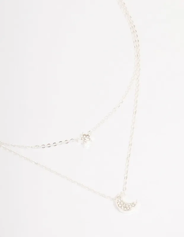 Silver Half Moon Star Double Layered Necklace sold by lovisa
