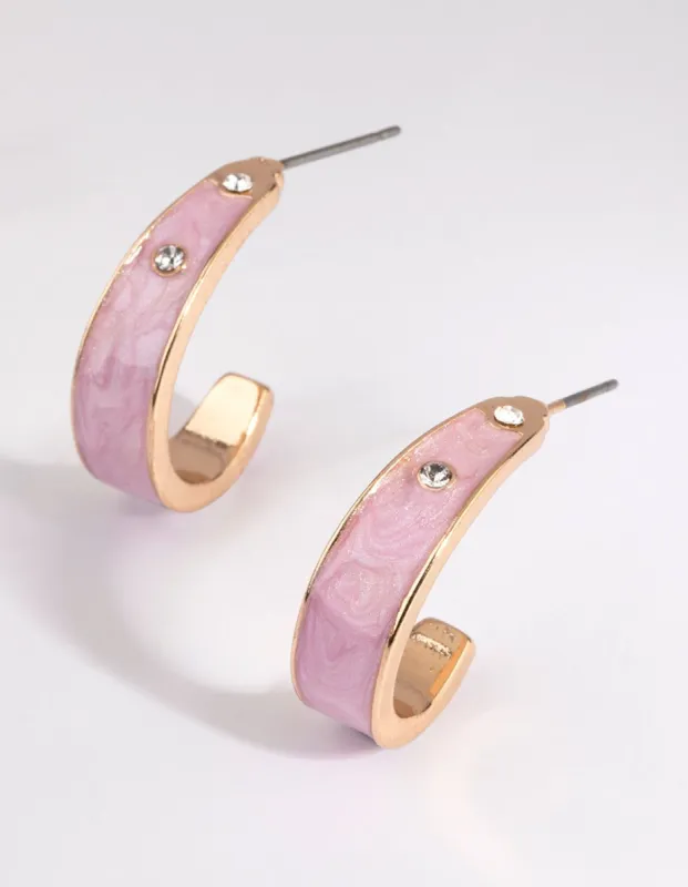 Gold & Pink Swirled Enamel Diamante Hoop Earrings sold by lovisa