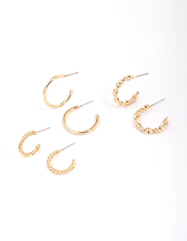 Gold Twisted & Polished Hoop Earring 3-Pack sold by lovisa