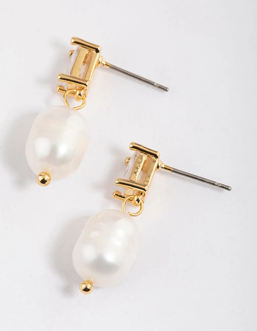 Gold Plated Cubic Zirconia Baguette & Freshwater Pearl Drop Earrings sold by lovisa