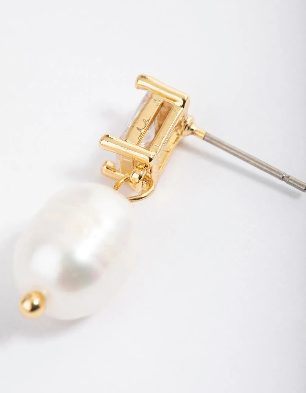 Gold Plated Cubic Zirconia Baguette & Freshwater Pearl Drop Earrings sold by lovisa product image thumbnail 3
