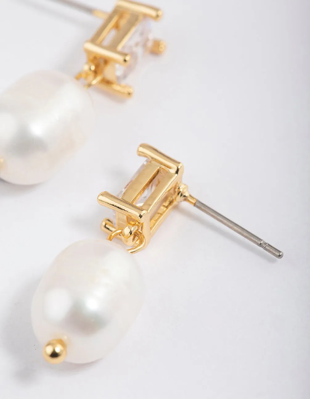 Gold Plated Cubic Zirconia Baguette & Freshwater Pearl Drop Earrings sold by lovisa product image thumbnail 2