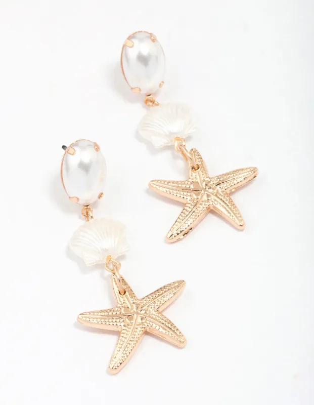 Gold Pearl Starfish Drop Earrings sold by lovisa