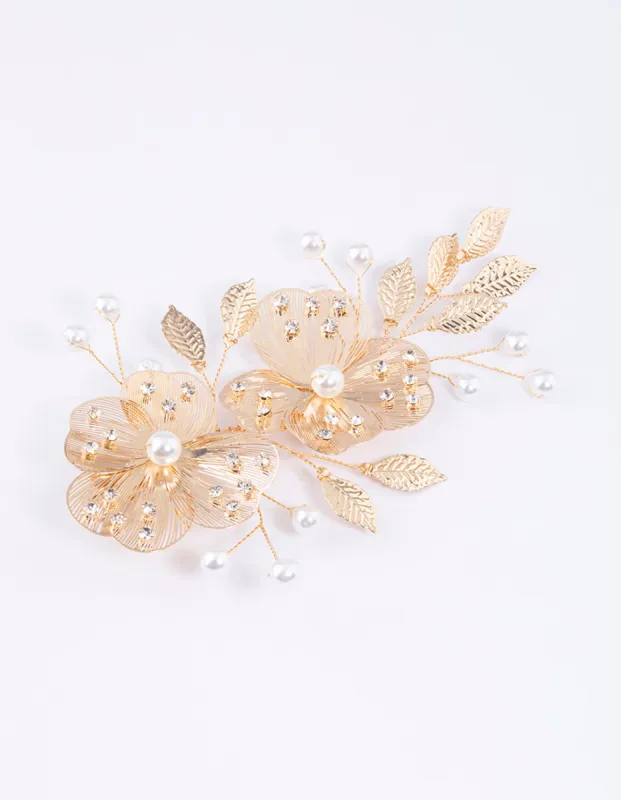 Gold Pearl Etched Flower Hair Clip sold by lovisa