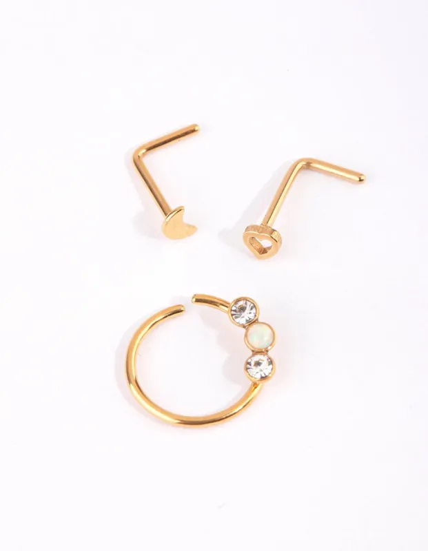 Gold Surgical Steel Heart & Moon Nose Studs sold by lovisa