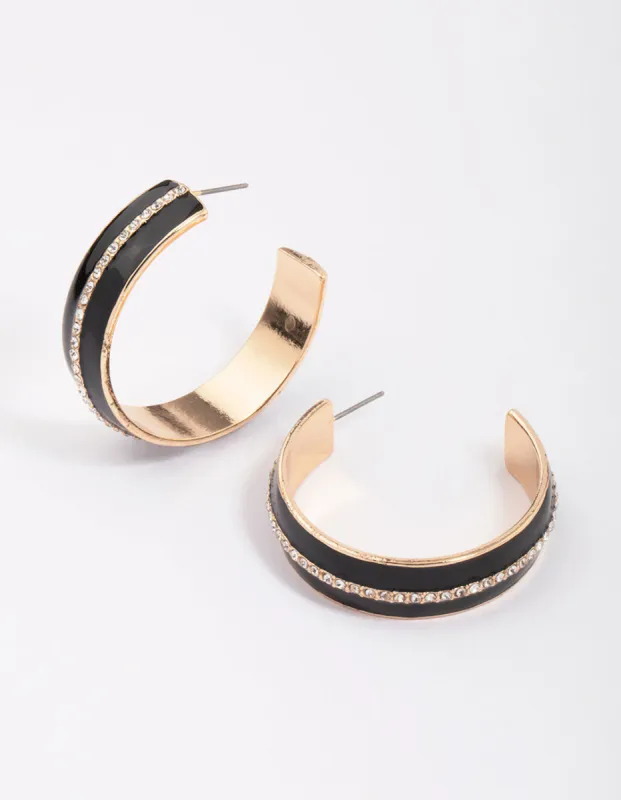 Gold & Black Small Diamante Hoop Earrings sold by lovisa