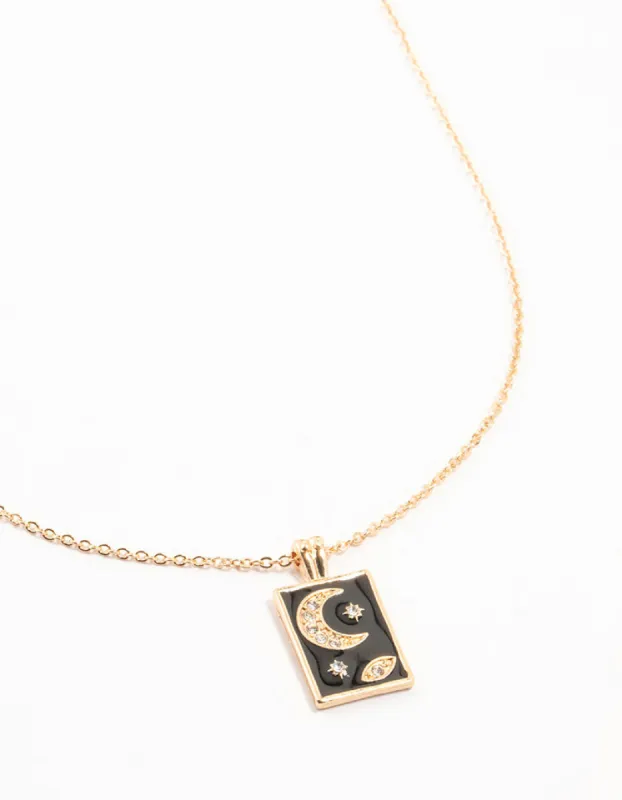 Gold & Black Diamante Moon & Stars Tag Necklace sold by lovisa