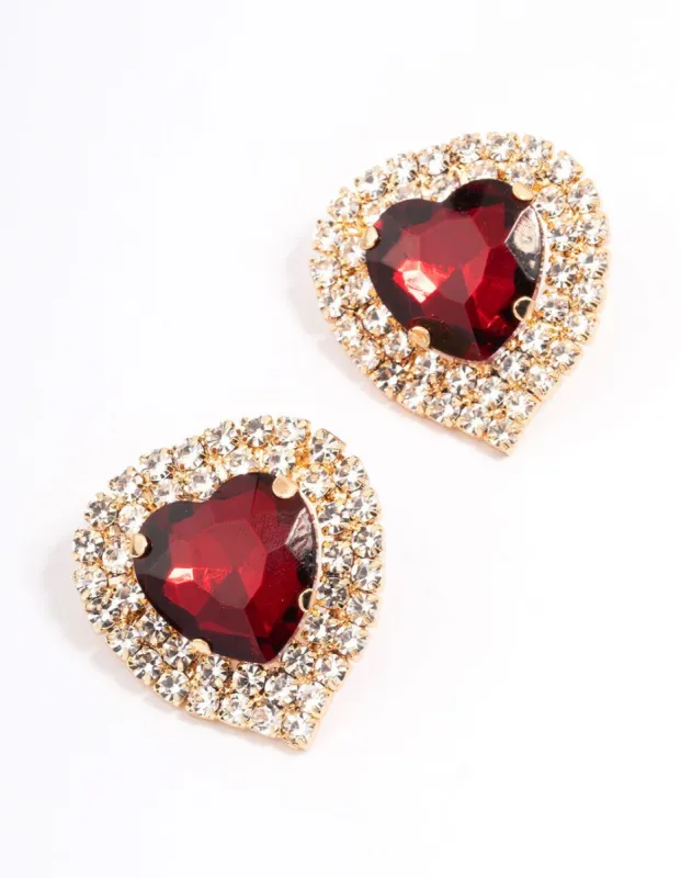Red Diamante Heart Stone Stud Earrings sold by lovisa