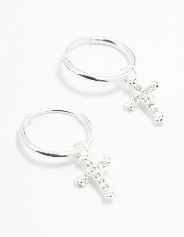 Sterling Silver Cubic Zirconia Cross Hoop Earrings made by lovisa