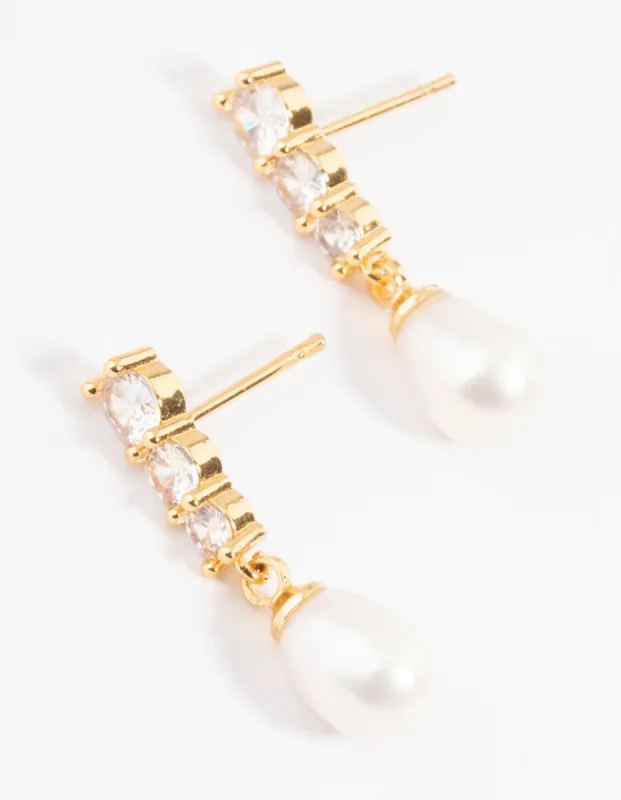 Gold Plated Cubic Zirconia Trio Freshwater Pearl Drop Earrings sold by lovisa