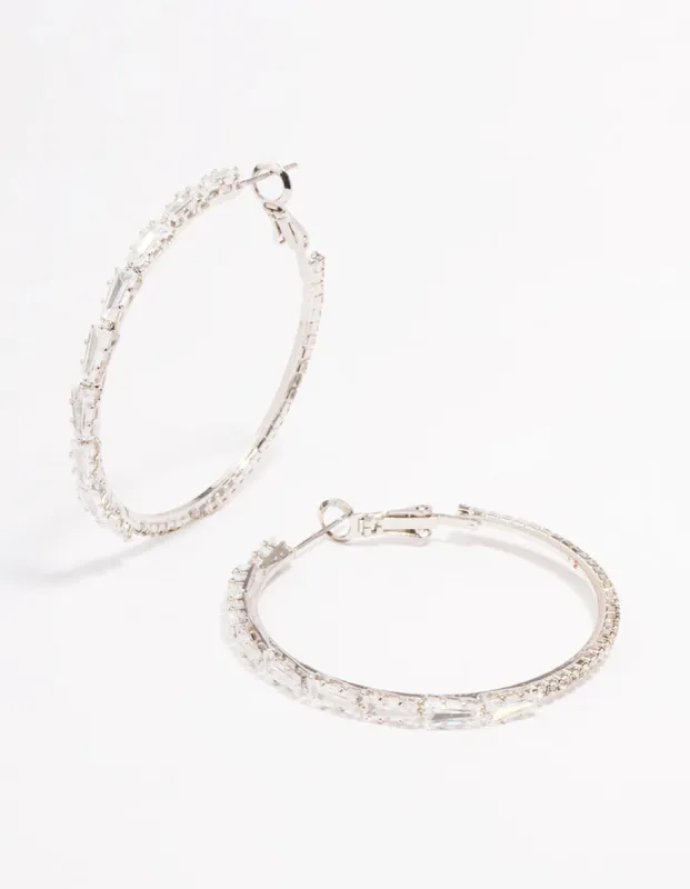 Rhodium Cubic Zirconia Baguette Stone Hoop Earrings sold by lovisa