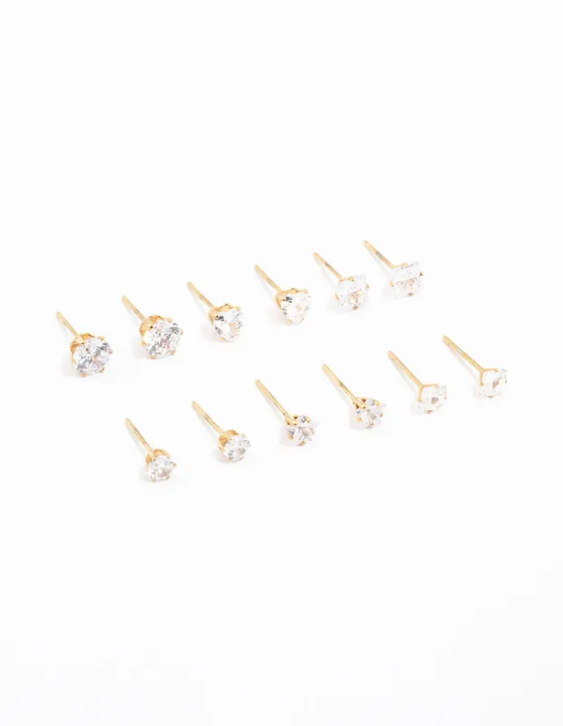 Waterproof Gold Plated Stainless Steel Cubic Zirconia Stud Earrings 6-Pack sold by lovisa