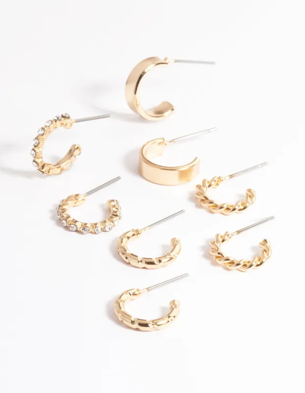 Gold Diamante & Plain Hoop Earrings 4-Pack sold by lovisa