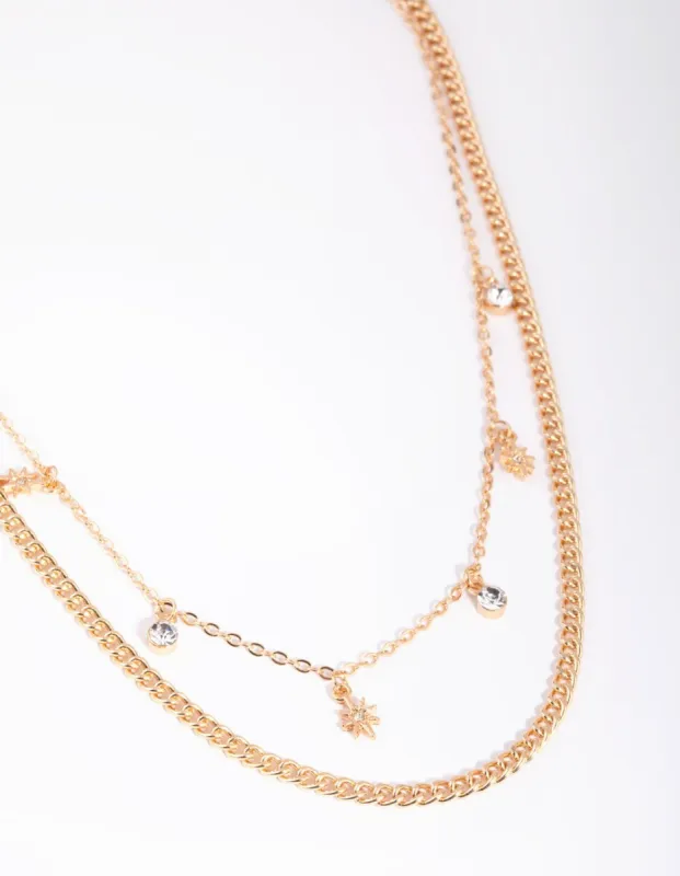 Gold Star & Diamante Layered Necklace sold by lovisa