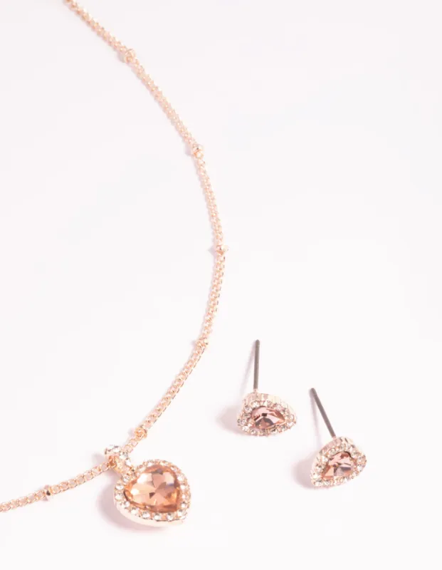 Rose Gold Heart Diamante Halo Necklace & Earrings Set sold by lovisa