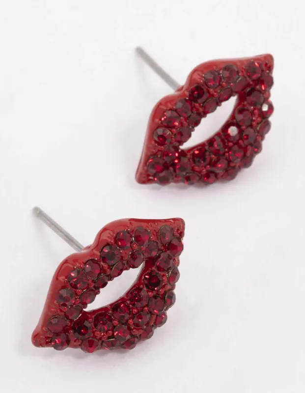 Red Bling Diamante Lip Stud Earrings sold by lovisa