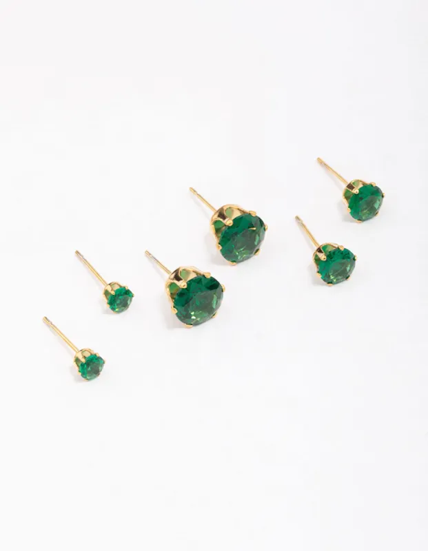 Waterproof Gold Plated Stainless Steel Graduating Emerald Cubic Zirconia Earring 3-Pack sold by lovisa