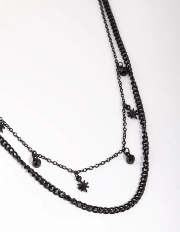 Matte Black Star & Diamante Layered Necklace sold by lovisa