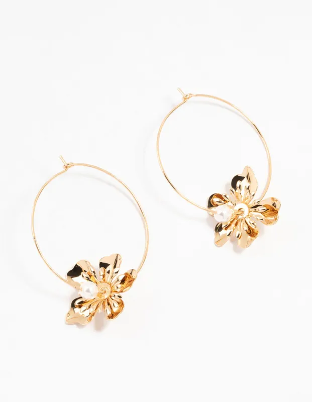 Gold & Pearl Spike Flower Hoop Earrings sold by lovisa