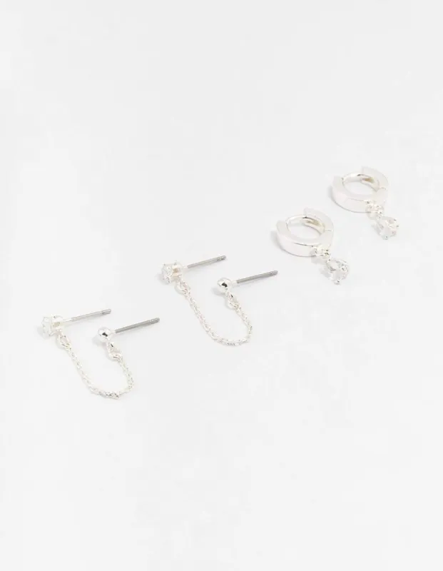 Silver Cubic Zirconia Chain Stud & Hoop Earrings 3-Pack sold by lovisa