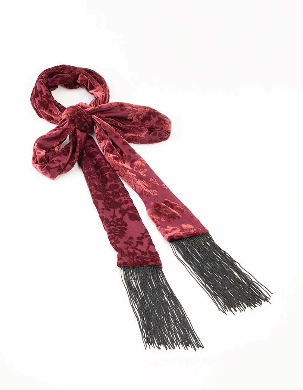 Burgundy Devore Velvet Fabric Fringe Scarf sold by lovisa