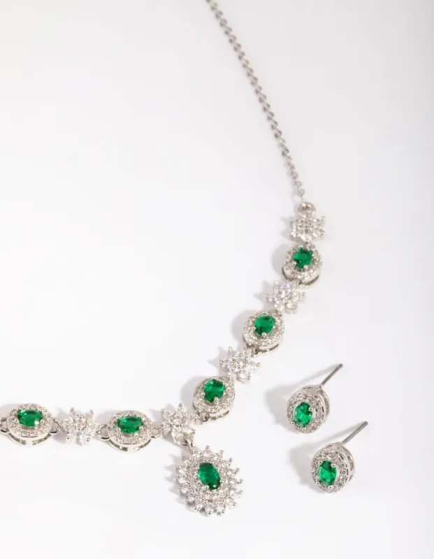 Rhodium Emerald Diamond Simulant Necklace & Earring Set sold by lovisa