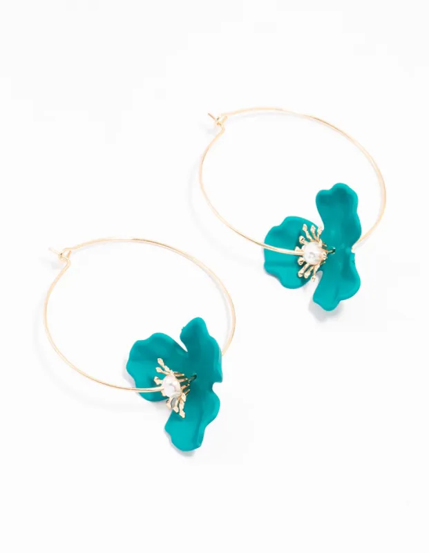 Gold Blue Coated Wire Flower Earrings sold by lovisa