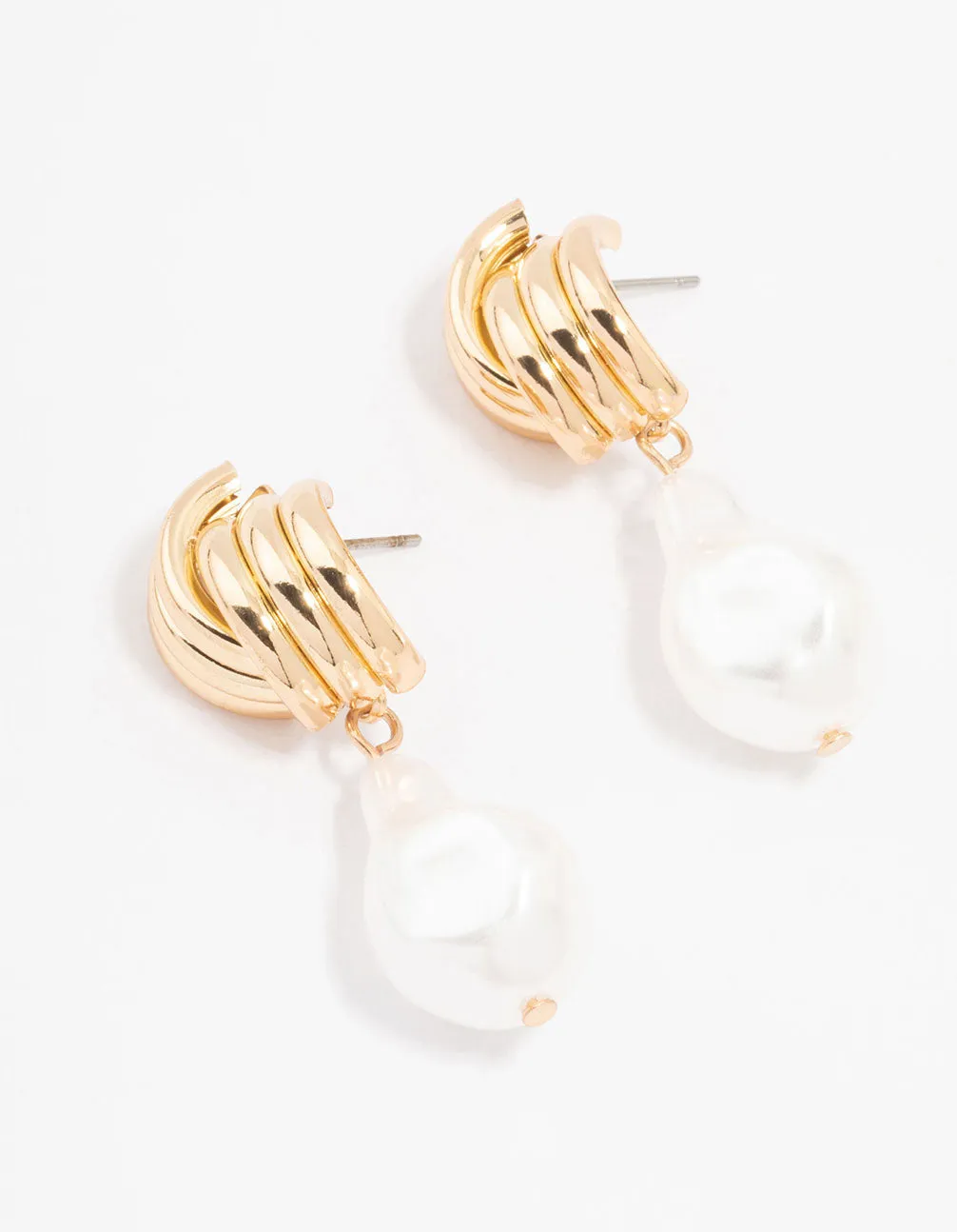 Gold Ribbed Cross Pearl Drop Earrings sold by lovisa